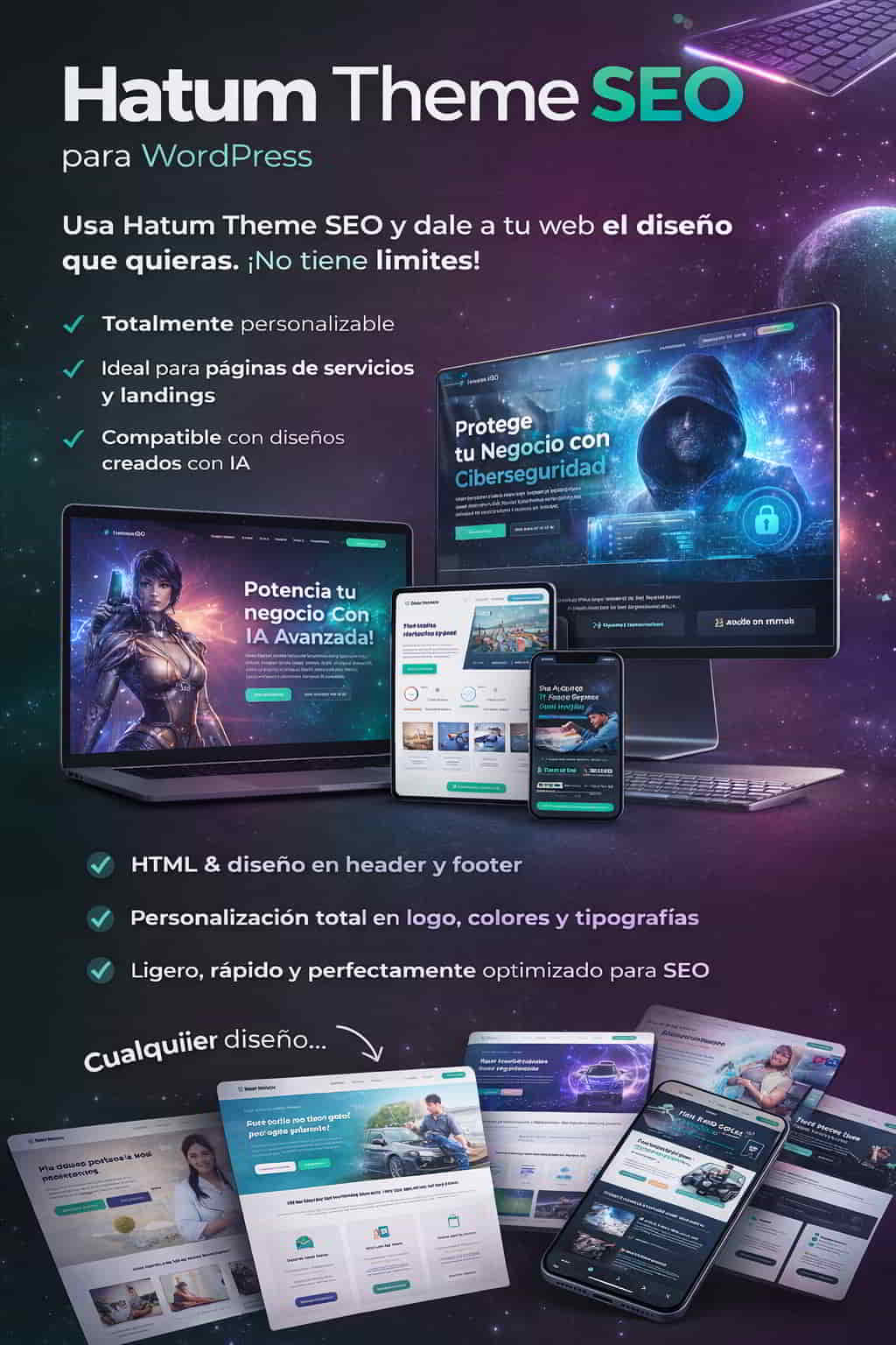 Infografía de Hatum Theme SEO, theme ligero y optimizado para WordPress